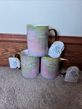 Claude Monet Water Lilies Fine China Porcelain Mug Gold Handle Floral (3 Mugs)